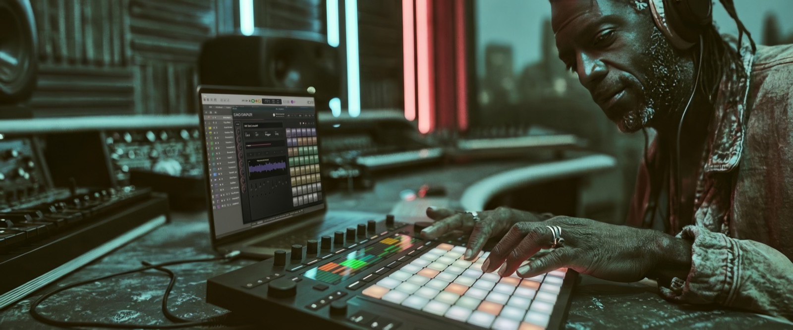 Producer performing Suno Sampler with a 64-pad controller