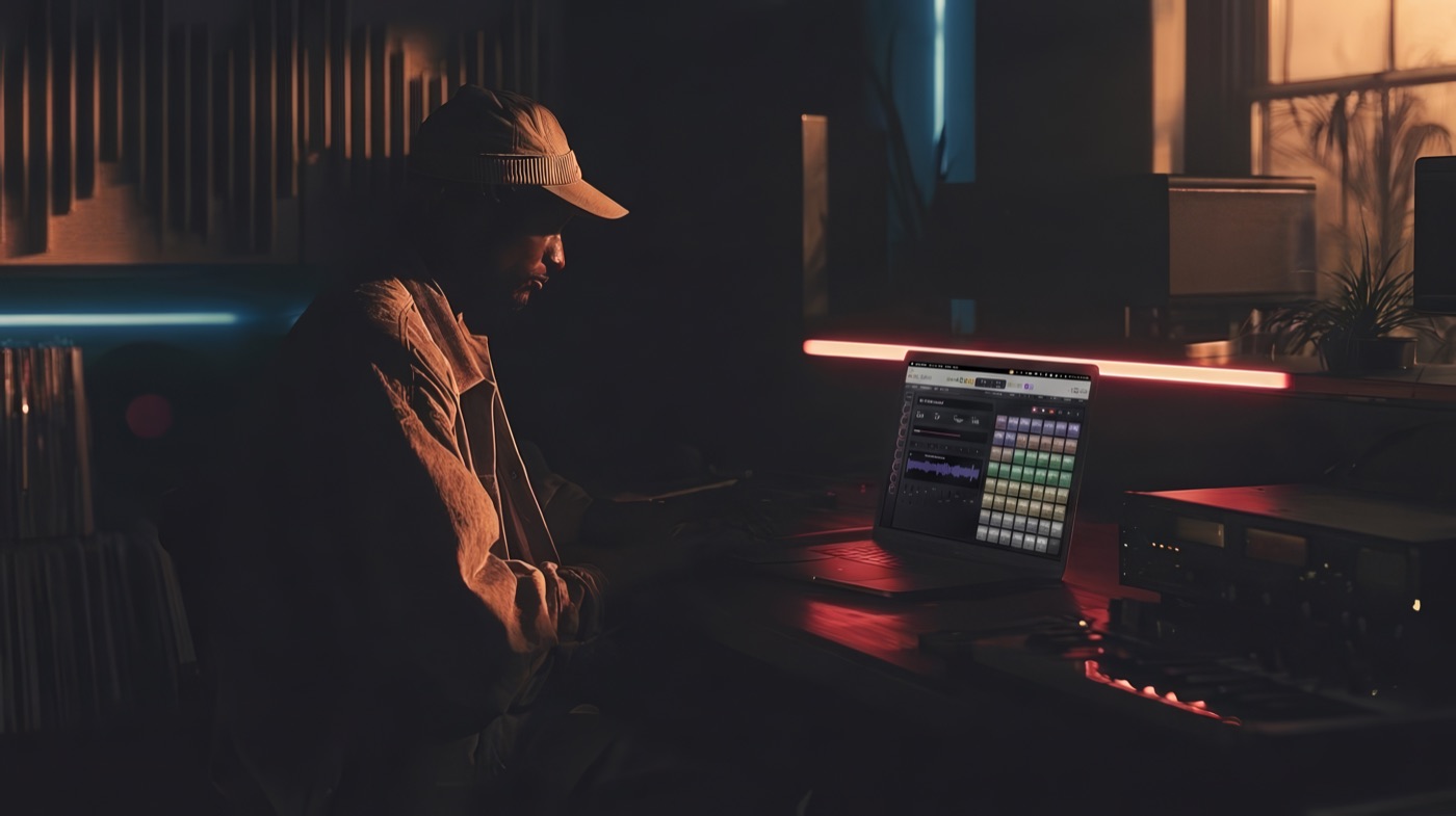 Producer using Suno Sampler in a dark studio